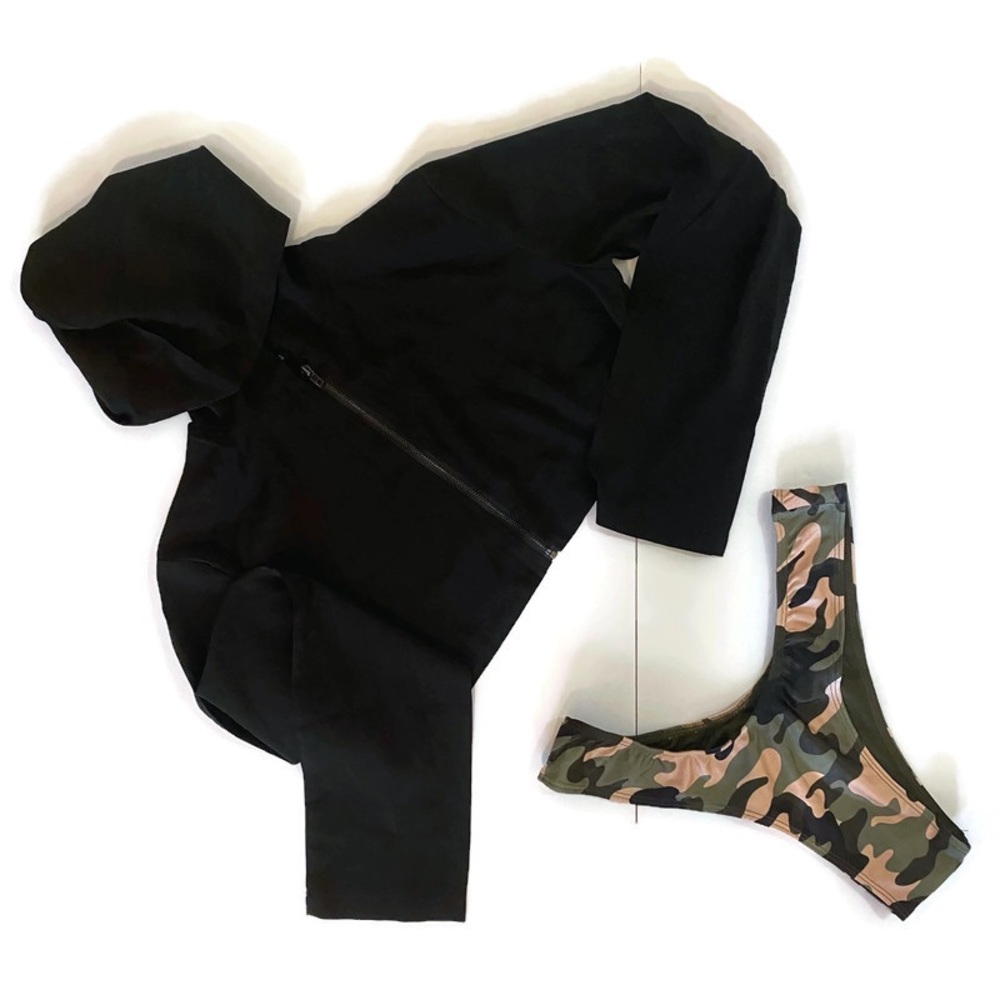 NEW Bikini camouflage bottom with semi sheer hoodie set Size S